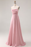 Strapless A Line Ruched Satin Dusty Rose Bridesmaid Dress