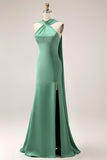 Mermaid Satin Eucalyptus Bridesmaid Dress with Slit