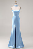 Mermaid Strapless Satin Steel Blue Maxi Bridesmaid Dress