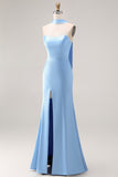 Mermaid Strapless Satin Steel Blue Maxi Bridesmaid Dress