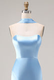 Mermaid Strapless Satin Steel Blue Maxi Bridesmaid Dress