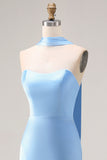 Mermaid Strapless Satin Steel Blue Maxi Bridesmaid Dress