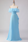 Chiffon Off the Shoulder Sea Glass A Line Bridesmaid Dress
