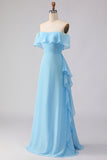 Chiffon Off the Shoulder Sea Glass A Line Bridesmaid Dress