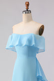 Chiffon Off the Shoulder Sea Glass A Line Bridesmaid Dress
