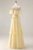 Off the Shoulder Chiffon Lemon Sorbet A Line Bridesmaid Dress