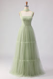 A Line Tulle Dusty Sage Pleated Bridesmaid Dress