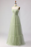 A Line Tulle Dusty Sage Pleated Bridesmaid Dress