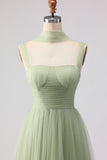 A Line Tulle Dusty Sage Pleated Bridesmaid Dress