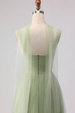 A Line Tulle Dusty Sage Pleated Bridesmaid Dress