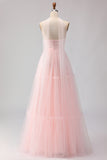 Blushing Pink Strapless A Line Tulle Prom Dress