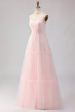 Blushing Pink Strapless A Line Tulle Prom Dress