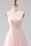 Blushing Pink Strapless A Line Tulle Prom Dress