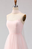 Blushing Pink Strapless A Line Tulle Prom Dress