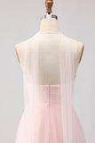 Blushing Pink Strapless A Line Tulle Prom Dress