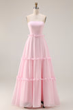 Blushing Pink A Line Strapless Ruffled Bridesmaid Dress