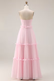 Blushing Pink A Line Strapless Ruffled Bridesmaid Dress