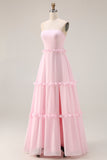 Blushing Pink A Line Strapless Ruffled Bridesmaid Dress