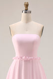 Blushing Pink A Line Strapless Ruffled Bridesmaid Dress
