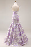 Mermaid Lilac Floral Strapless Brocade Prom Dress