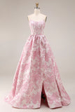 A Line Strapless Ivory Pink Floral Brocade Prom Dress