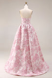 A Line Strapless Ivory Pink Floral Brocade Prom Dress