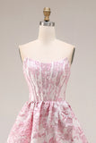 A Line Strapless Ivory Pink Floral Brocade Prom Dress