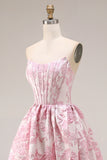 A Line Strapless Ivory Pink Floral Brocade Prom Dress