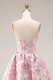 A Line Strapless Ivory Pink Floral Brocade Prom Dress