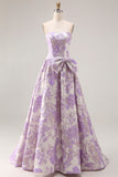 Lilac A Line Floral Strapless Bowed Prom Dress