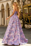 Lilac A Line Floral Strapless Bowed Prom Dress