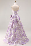 Lilac A Line Floral Strapless Bowed Prom Dress