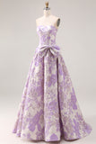 Lilac A Line Floral Strapless Bowed Prom Dress