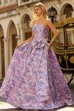 Lilac A Line Floral Strapless Prom Dress with Bow
