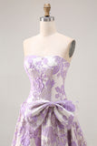 Lilac A Line Floral Strapless Bowed Prom Dress