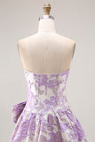 Lilac A Line Floral Strapless Bowed Prom Dress