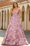 Strapless Lilac Corset A Line Brocade Prom Dress