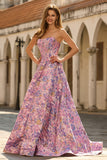 Strapless Lilac Corset A Line Brocade Prom Dress