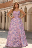 Lilac Strapless Plus Size Corset A Line Brocade Prom Dress