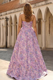 Lilac Strapless Plus Size Corset A Line Brocade Prom Dress
