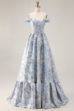 Off The Shoulder Light Blue Jacquard A-Line Corset Prom Dress