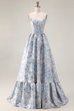 Off The Shoulder Light Blue Jacquard A-Line Corset Prom Dress
