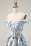 Off The Shoulder Light Blue Jacquard A-Line Corset Prom Dress