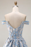 Off The Shoulder Light Blue Jacquard A-Line Corset Prom Dress