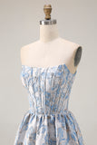 Off The Shoulder Light Blue Jacquard A-Line Corset Prom Dress