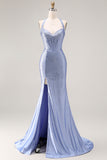 Halter Mermaid Light Blue Corset Beaded Prom Dress