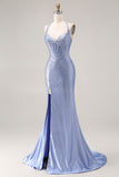 Halter Mermaid Light Blue Corset Beaded Prom Dress
