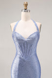 Halter Mermaid Light Blue Corset Beaded Prom Dress