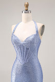 Halter Mermaid Light Blue Corset Beaded Prom Dress