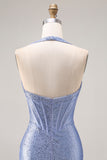 Halter Mermaid Light Blue Corset Beaded Prom Dress